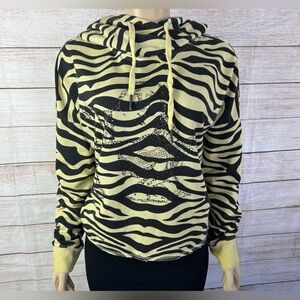 True Religion Women Yellow Zebra Printed Cropped Hoodie Size Small